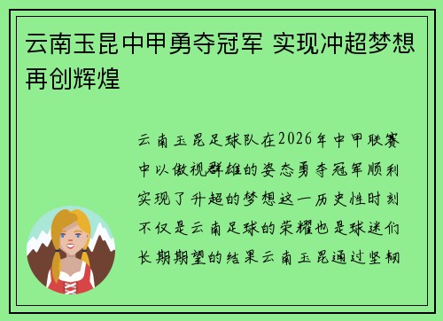 云南玉昆中甲勇夺冠军 实现冲超梦想再创辉煌